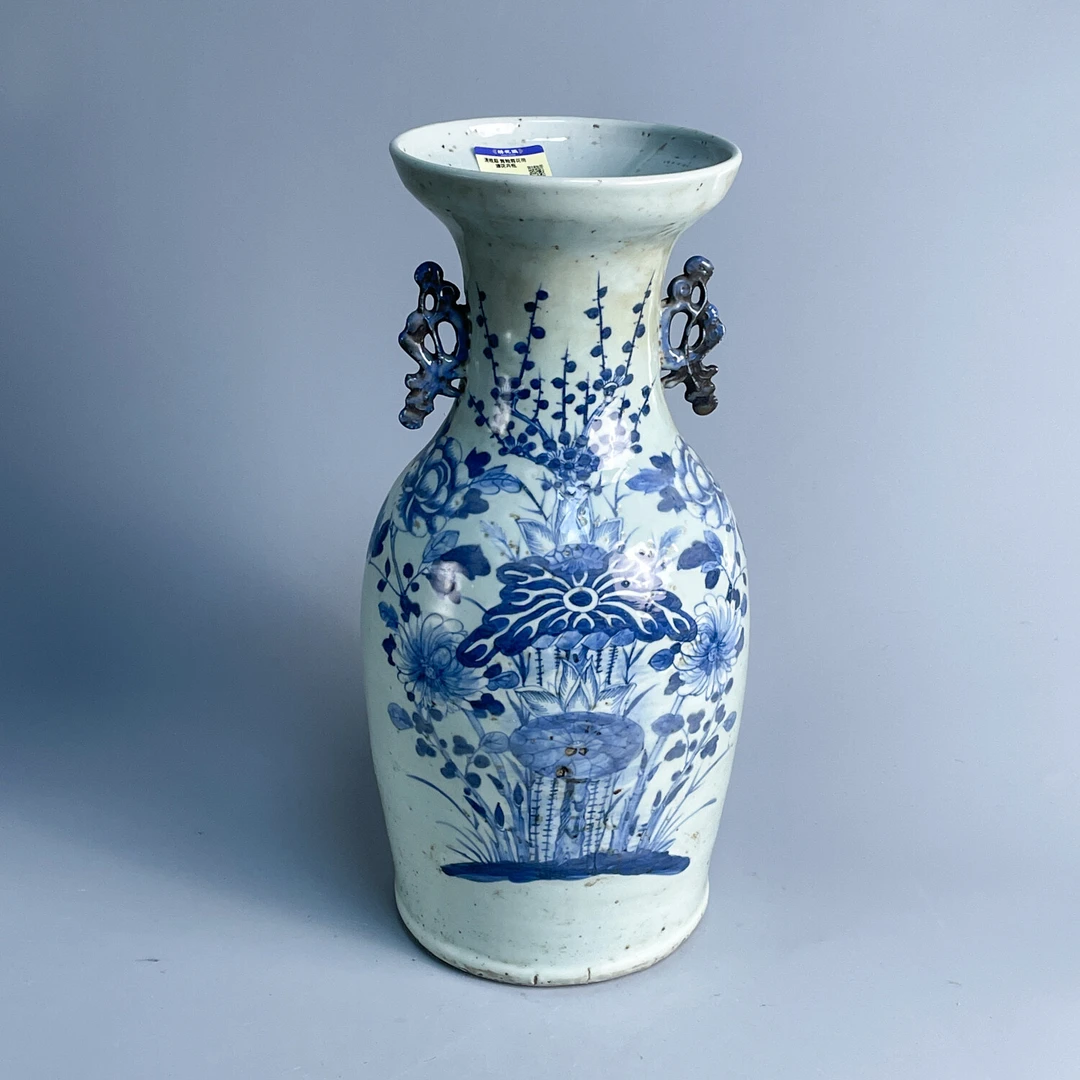 M25IL003C98 - 清晚期 青釉青花荷塘花卉瓶