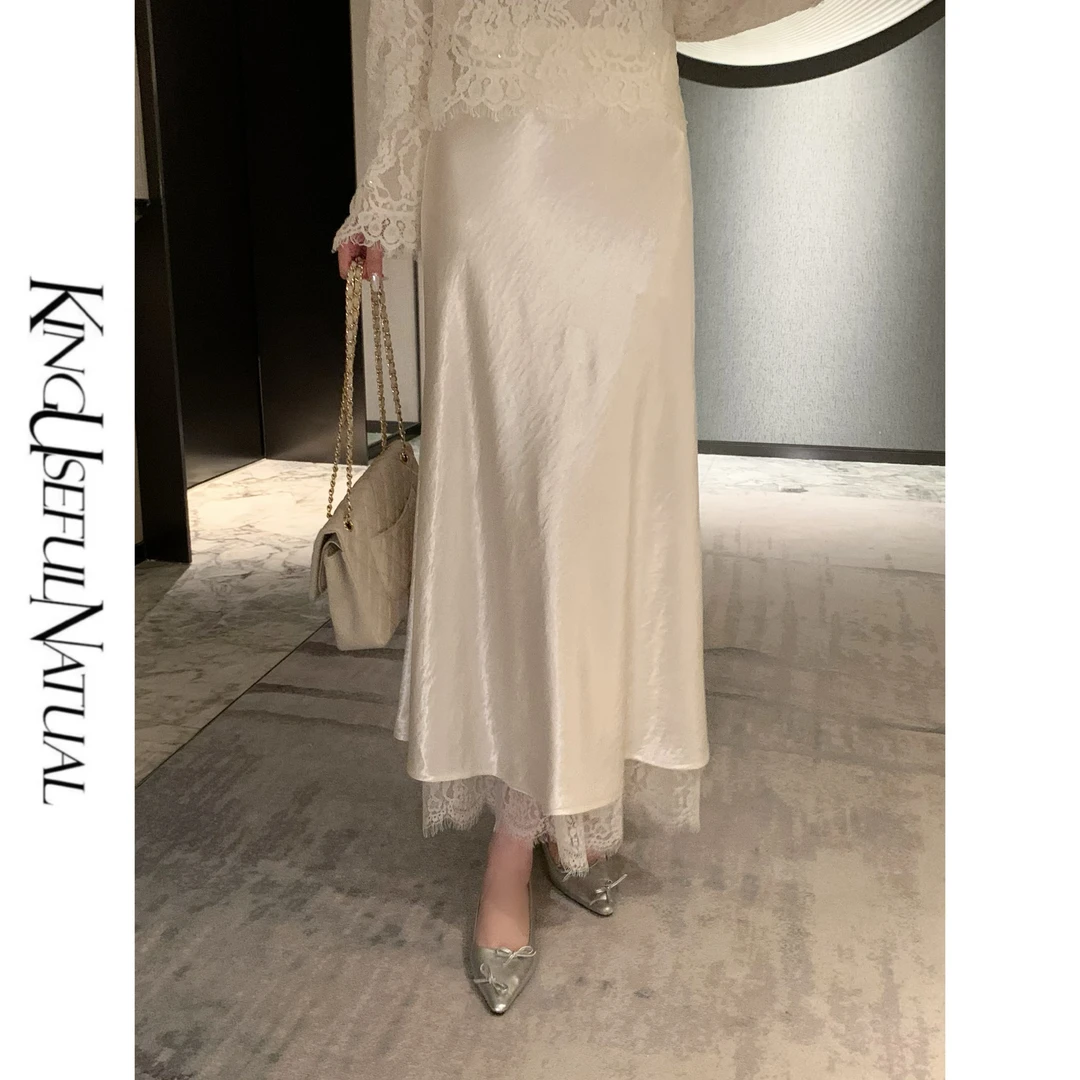 KUN【月光独白】女神钟爱 高定流光缎面裁蕾丝显瘦优雅香槟色半身裙
