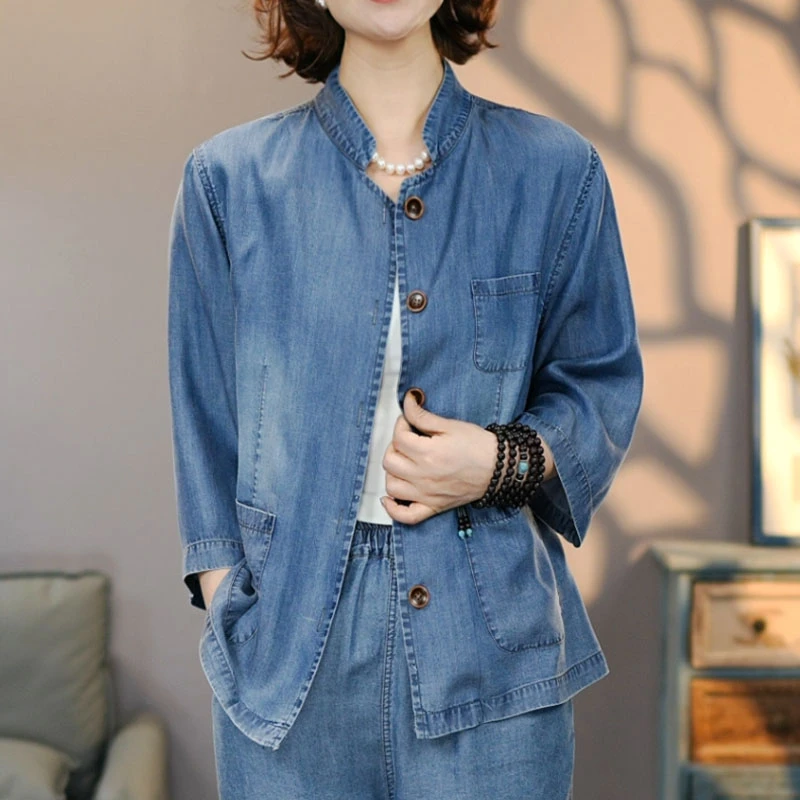 8833夏季新品蓝天丝牛仔衬衫女#2025显瘦休闲时尚水洗透气上衣
