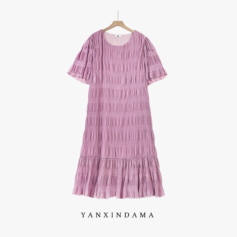 【岩心】大码女装300斤胖MM夏季时尚慵懒风纯色宽松显瘦连衣裙10014