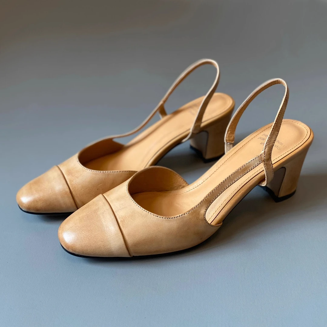 后空一字带包头凉鞋女真皮不臭脚粗跟高跟鞋拖鞋圆头显瘦通勤单鞋