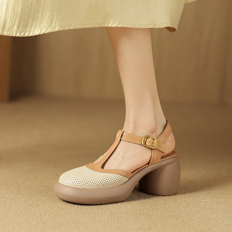 【7cm/羊皮】厚底包头圆头粗跟凉鞋女A1129-1