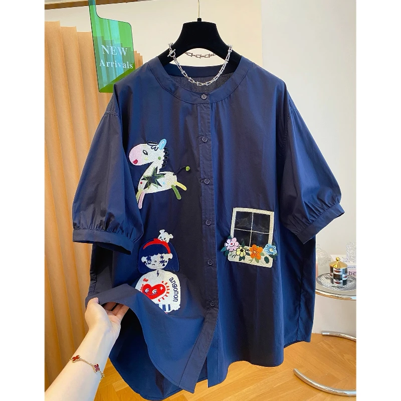 洋气欧货大版衬衫女短袖2025新款宽松刺绣中长款慵懒风遮屁股上衣