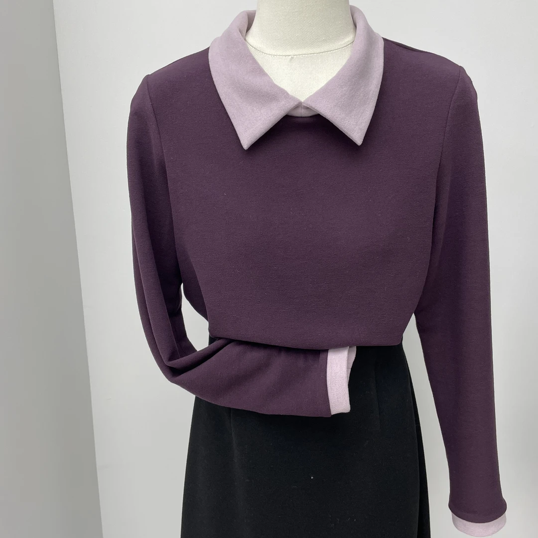 二哥二嫂【撞色翻领上衣】私人定制修身显瘦复古打底衫