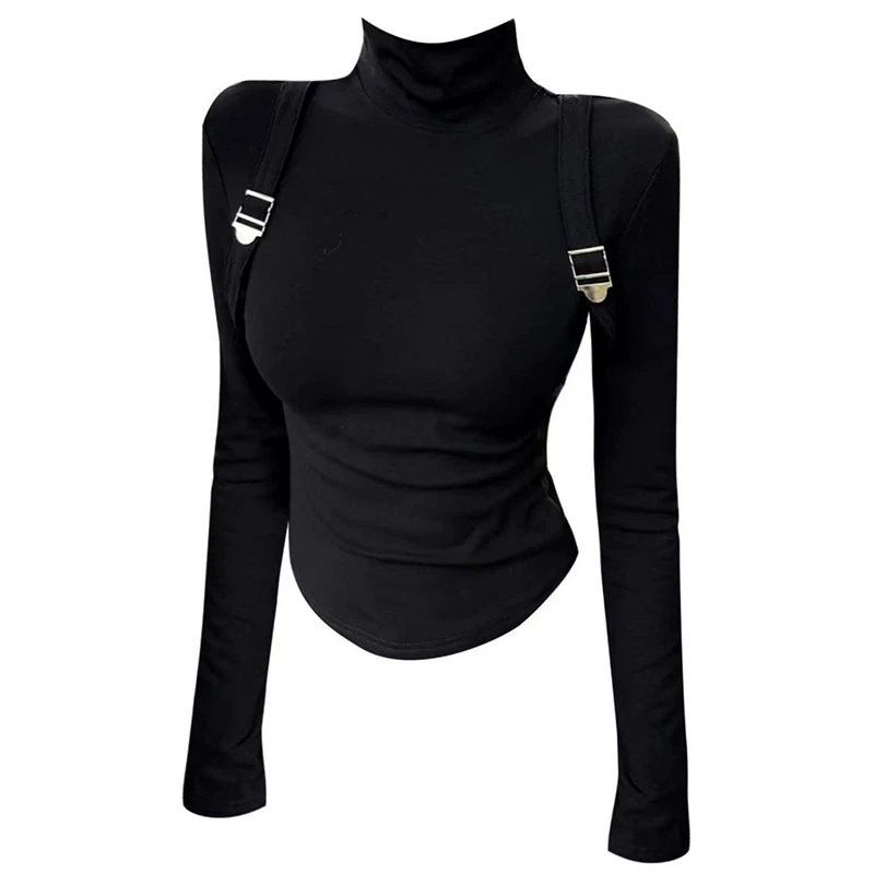 港味美式辣妹修身内搭黑色高领打底衫女甜酷工装长袖T恤显瘦上衣