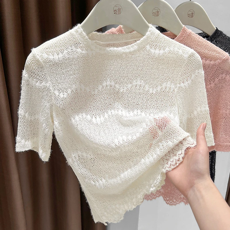珍珠白色气质温婉圆领短袖T恤女2025时尚新款镂空蕾丝设计感上衣
