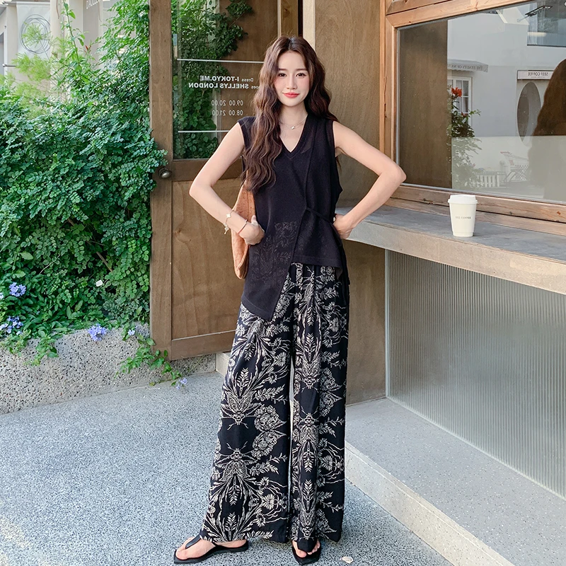 黑色法式御姐气质高级感背心套装女夏季2025新款印花阔腿裤两件套