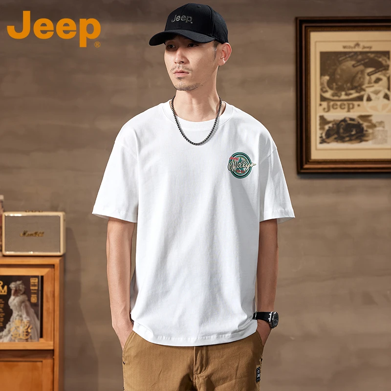 JEEP吉普短袖T恤男士夏装新款潮流白色打底半袖体恤宽松纯棉上衣