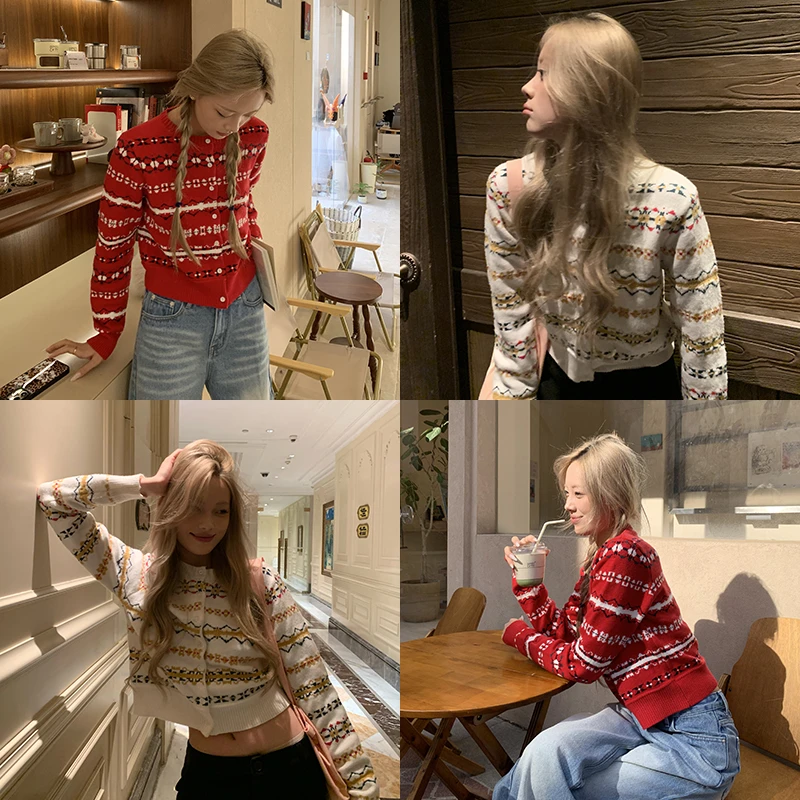 8uioio《圣诞费尔岛》红色条纹针织衫上衣女春季短款长袖毛衣开衫