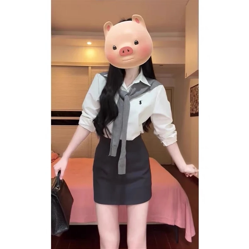 春季新款女韩系穿搭翻领衬衫上衣修身针织披肩高腰显瘦半身裙套装