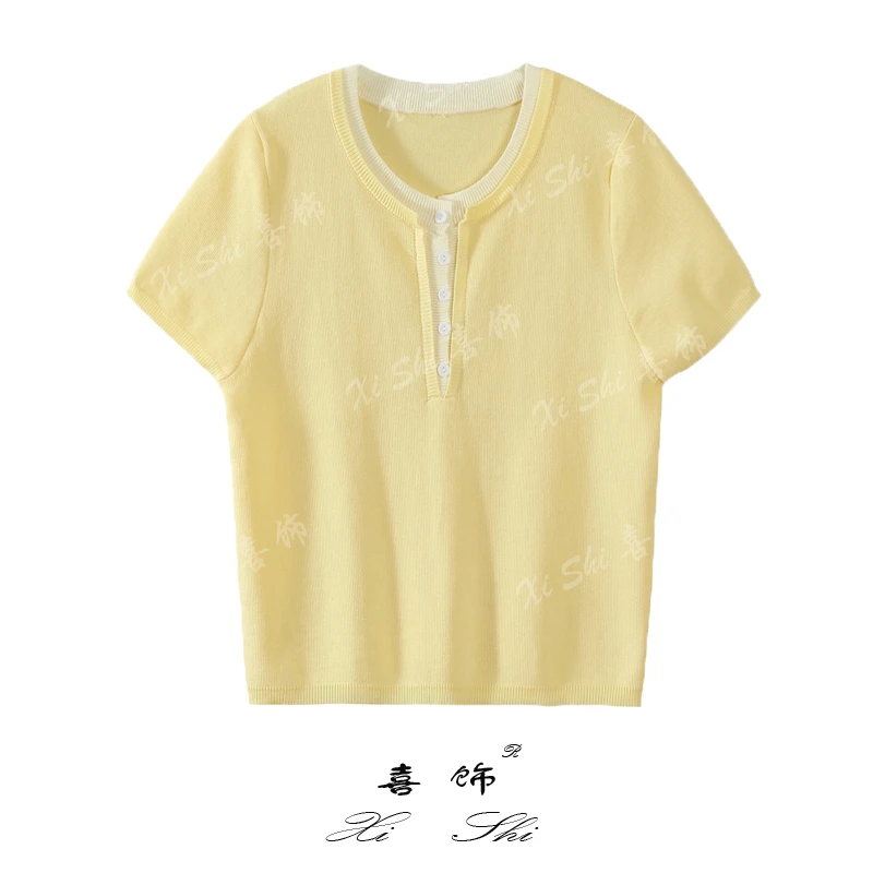 韩系撞色假两件圆领莱赛尔天丝针织短袖夏季薄款休闲简约上衣