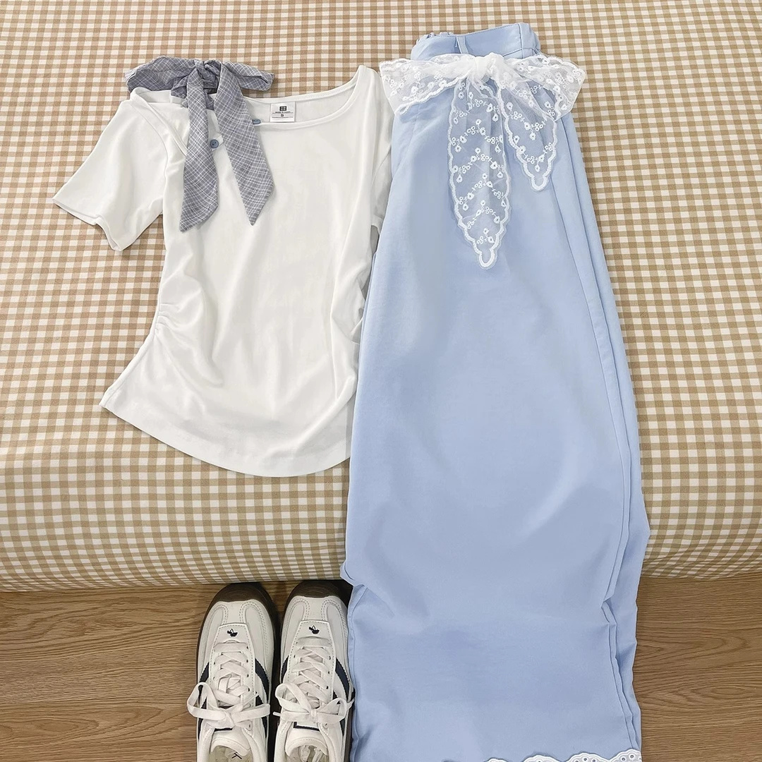 夏季新款不规则格蝴蝶结绑带一字肩斜肩正肩修身百搭高腰短袖T恤