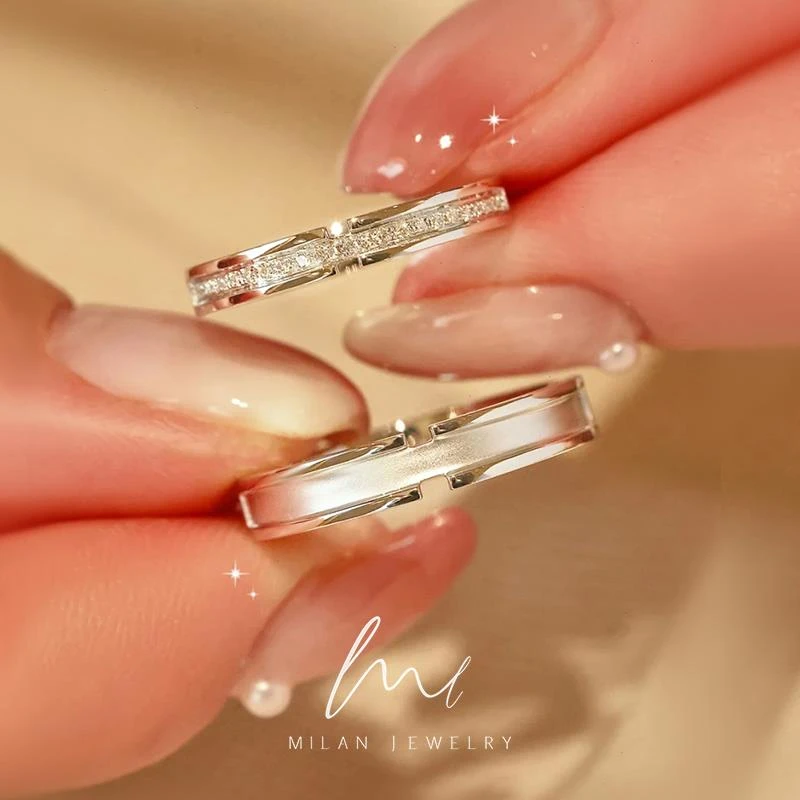 CK 925银戒指 纯银蒹葭情侣对戒轻奢小众设计感素圈开口戒指一对