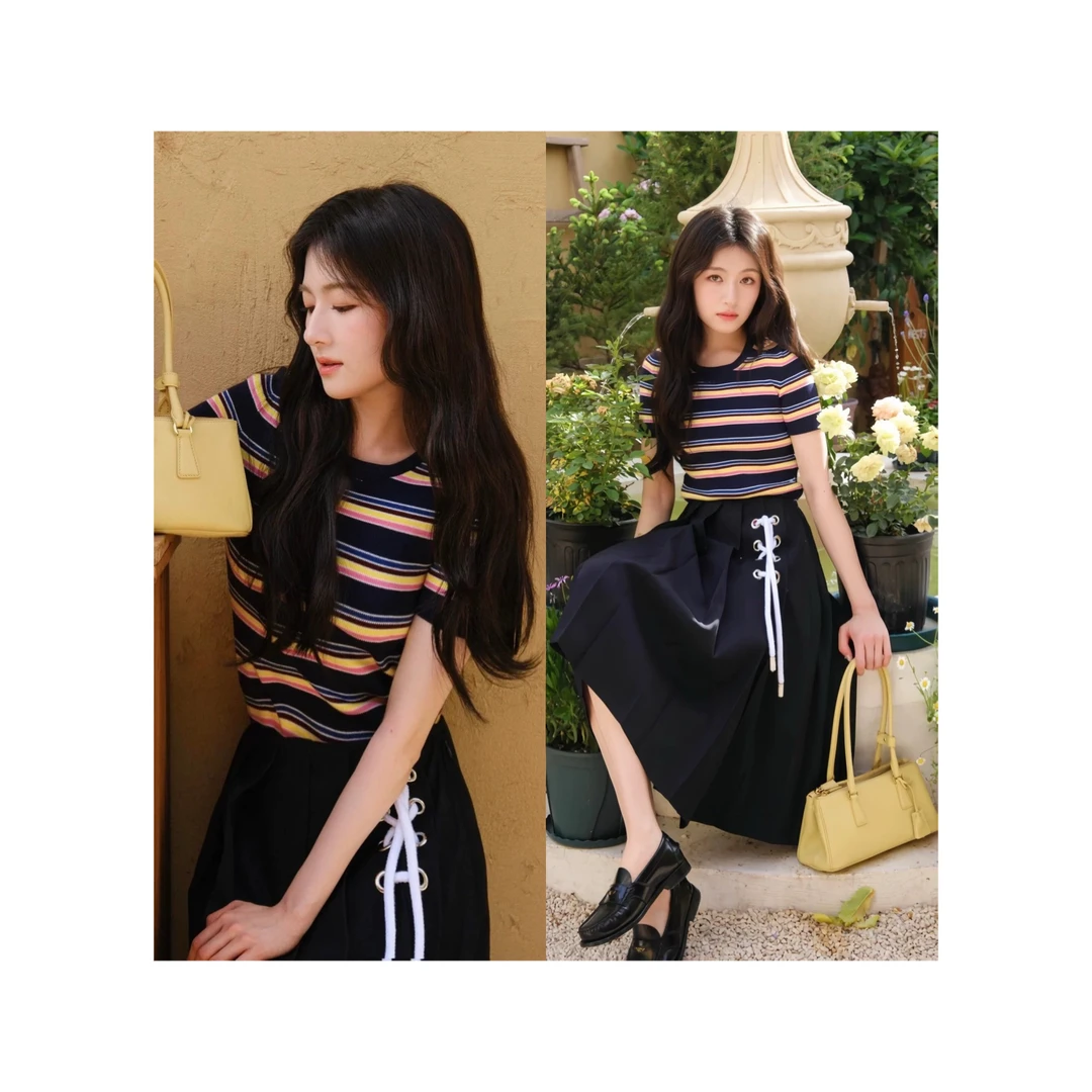 2025早春新彩色条纹短袖针织衫新款时尚百搭减龄圆领修身显瘦T恤