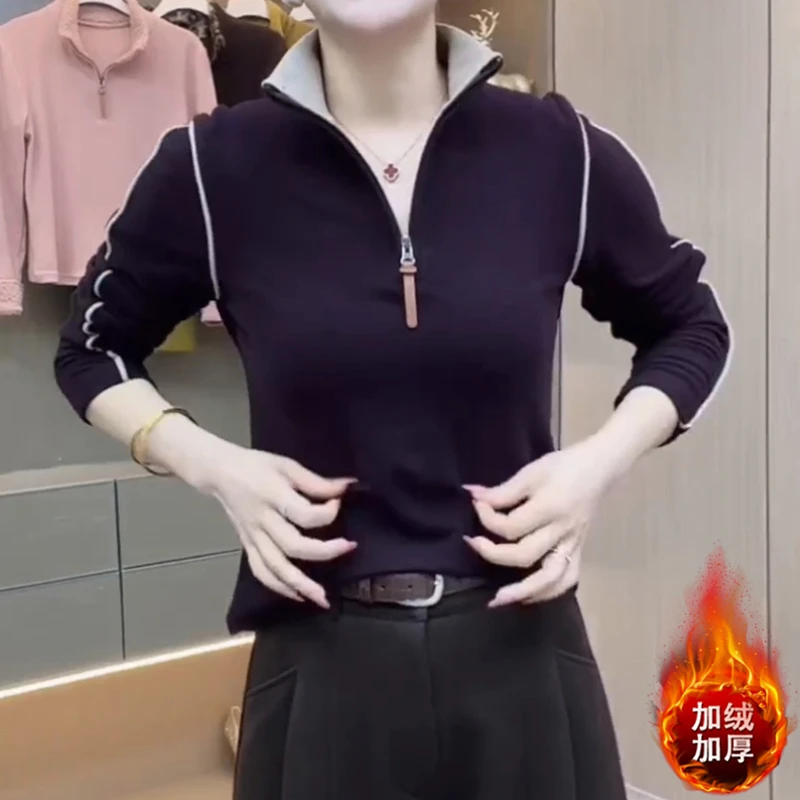 韩版加绒加厚半拉链立领T恤女2025冬季新款宽松显瘦休闲百搭上衣