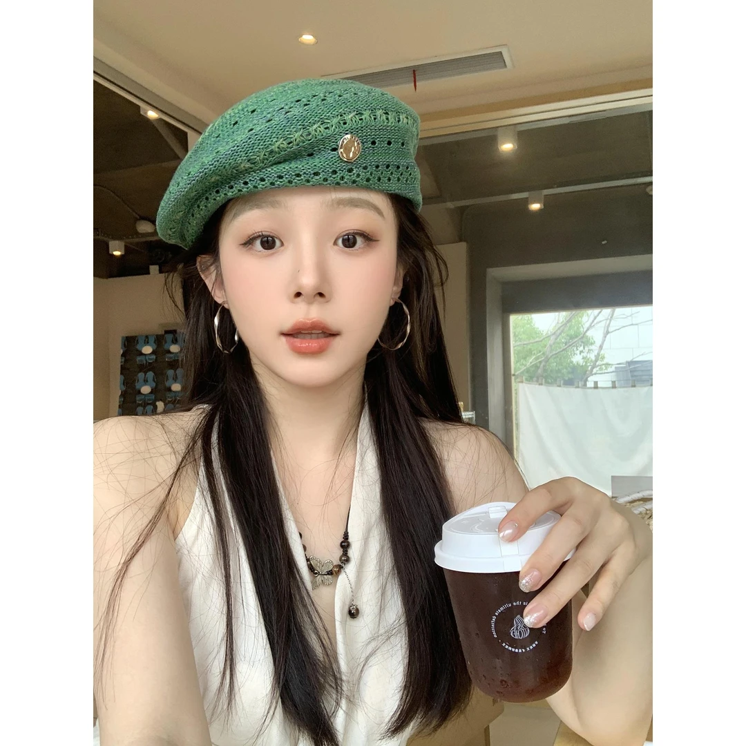 复古薄荷蓝镂空贝雷帽子女夏季薄款百搭显脸小蓓蕾帽大头围画家帽