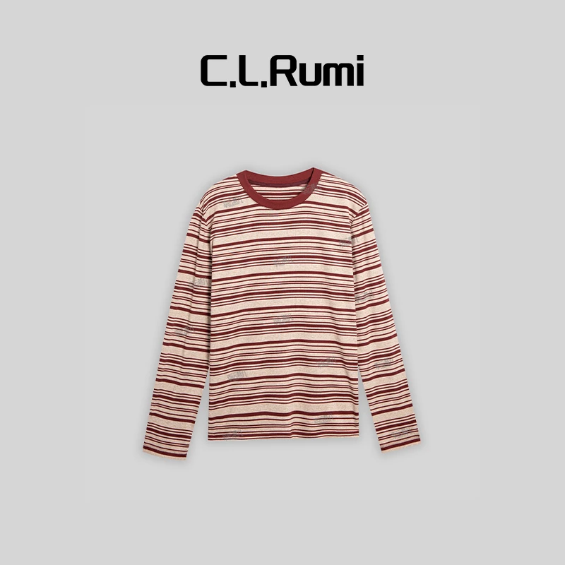 【Rumi女装】“之韵”25春季百搭经典宽松撞色条纹长袖上衣6417sy