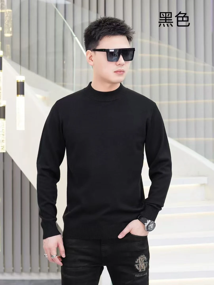 25年男士冬季时尚百搭加绒保暖打底长袖加厚黑色毛衣针织衫7819