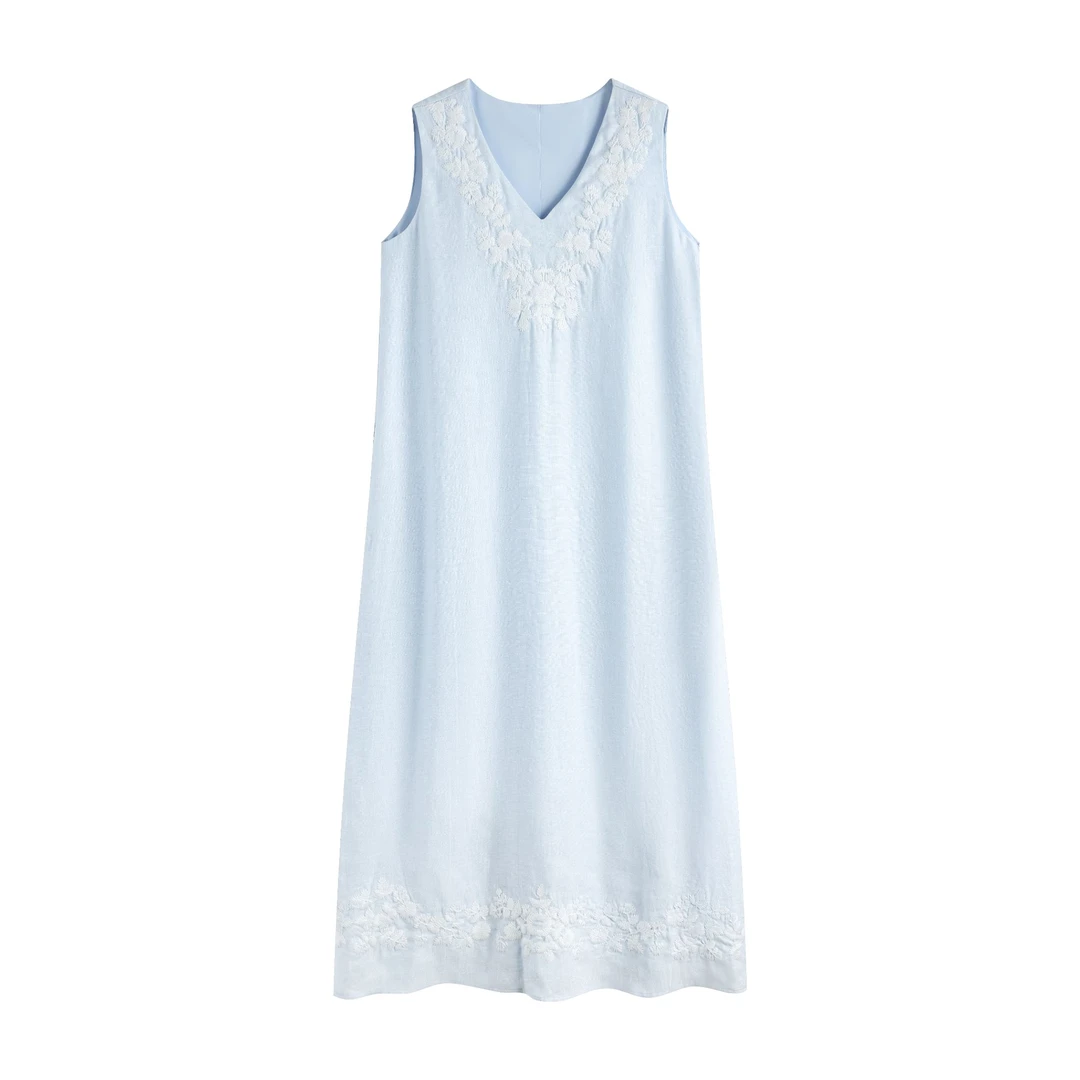 31079 轻奢法风100%亚麻V领连衣裙重工刺绣精致长裙1048