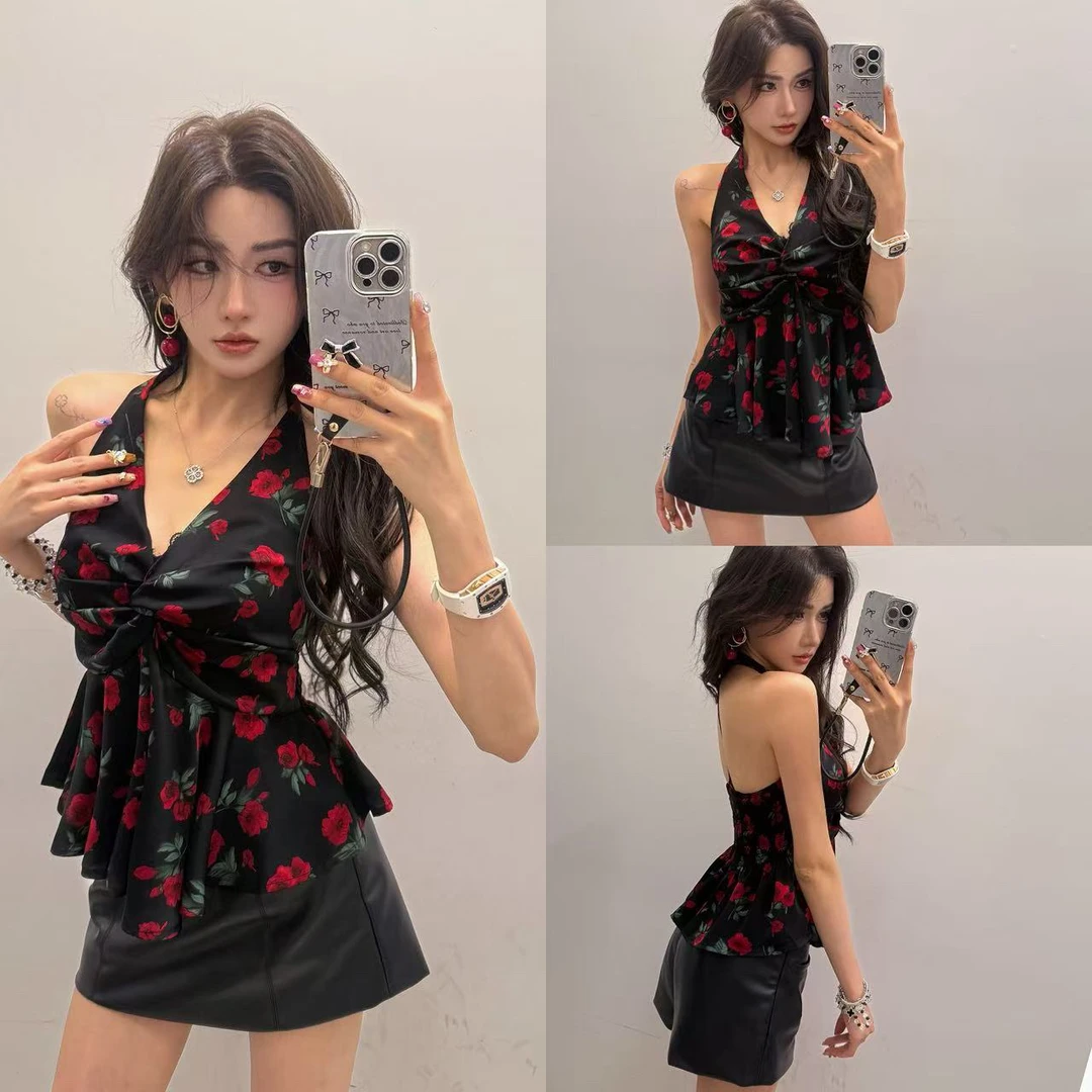 （浠儿家）法式V领挂脖扭结背心女夏季外穿独特别致修身无袖上衣