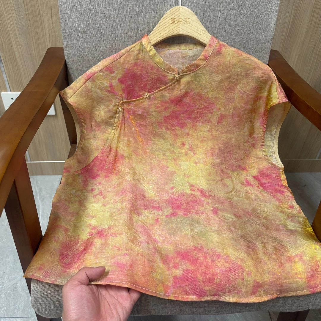 【彩绘】直筒型无袖中国风通勤碎花衬衫网红夏季山系休闲款1123