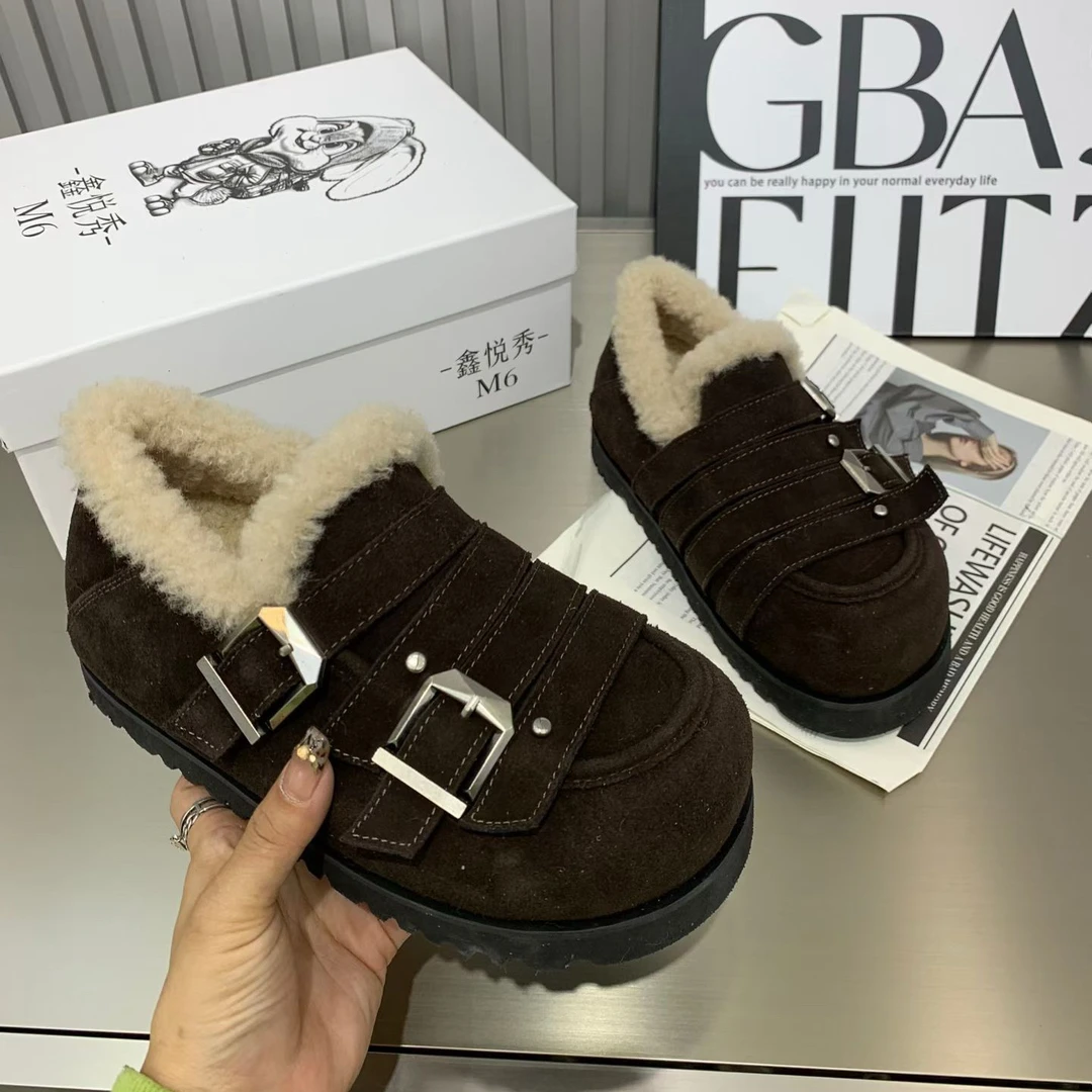 法式2025秋新款厚底勃肯鞋百搭休闲舒适外穿毛垫脚真皮圆头休闲鞋