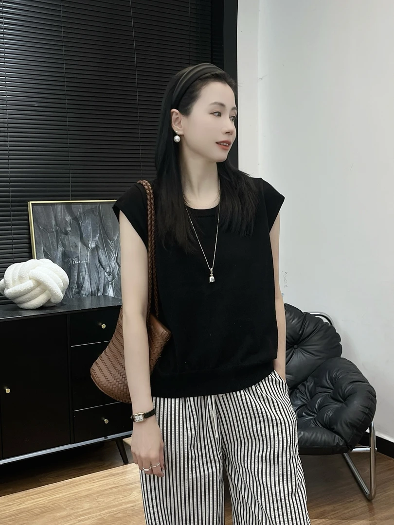 【Si&华严选】韩版时尚刺绣无袖休闲百搭圆领条纹针织背心上衣1861