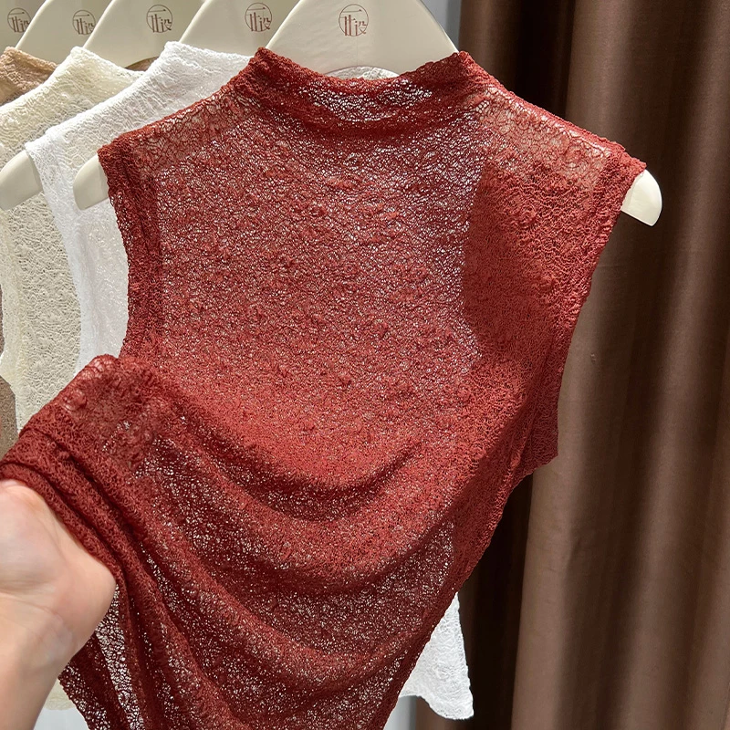 无袖叠穿毛衣内搭背心网纱打底上衣温柔蕾丝假领子女秋冬季半高领