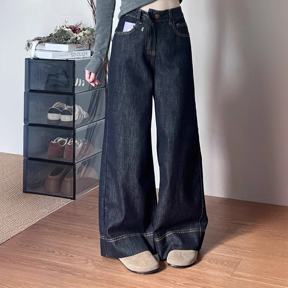 丹宁蓝高腰阔腿牛仔裤女春秋季2025新款显瘦宽松拖地垂感直筒裤子