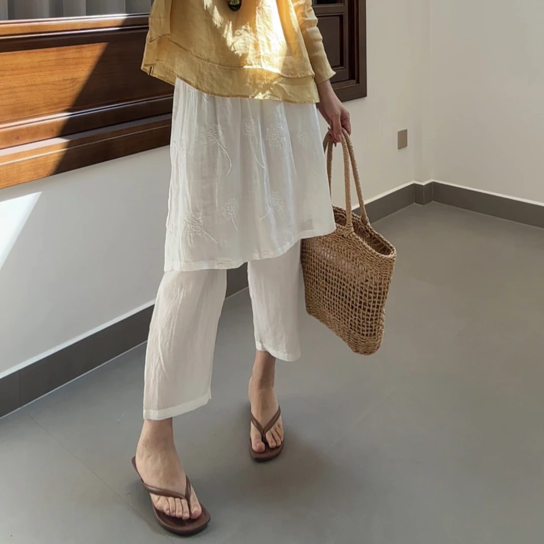 『蝶家』苎麻休闲刺绣假两件裤裙25007