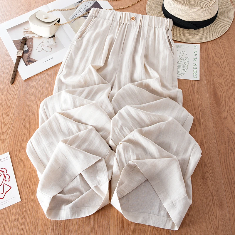 轻奢杏色条棉麻直筒裤女夏薄款2025抗皱天丝亚麻休闲显瘦阔腿裤