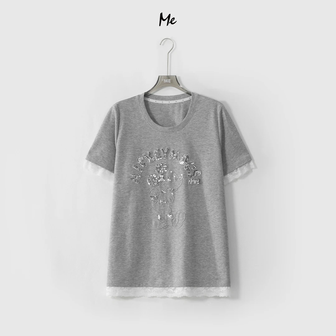 ME【亮片蕾丝米大版T】卡通刺绣显瘦舒适时尚百搭一手长T恤MESS6237