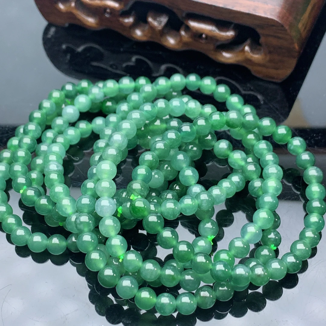 卡5+mm天然A货翡翠手串老坑蓝水冰透女款小圆珠满色手链女士单圈