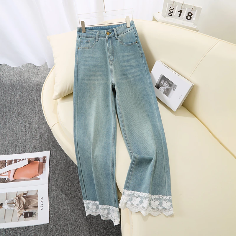 高级感蕾丝花边阔腿牛仔裤女2025春夏新款高腰宽松九分直筒牛仔裤