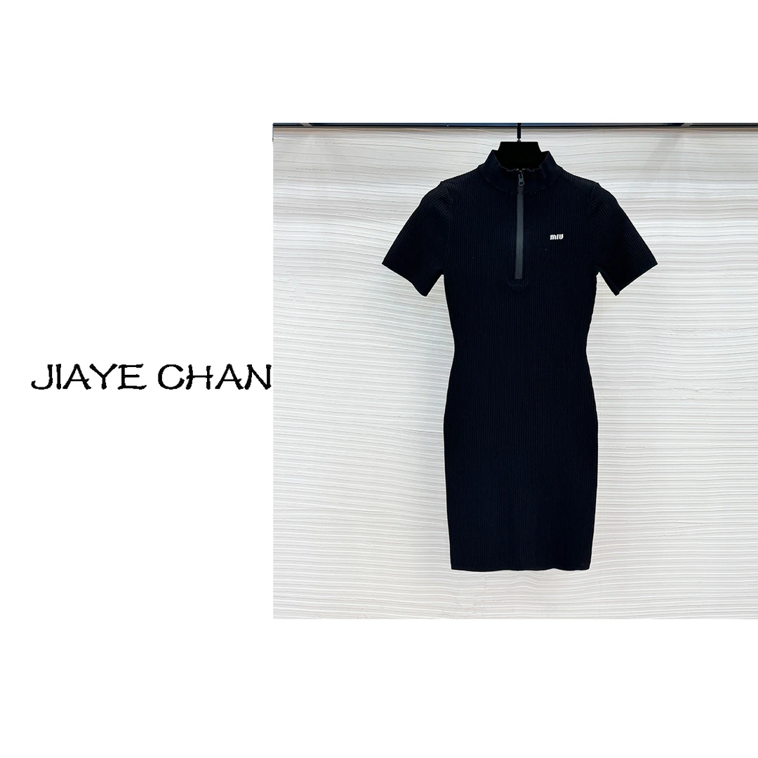 【西西高定】新款立领拉链百搭针织短袖连衣裙