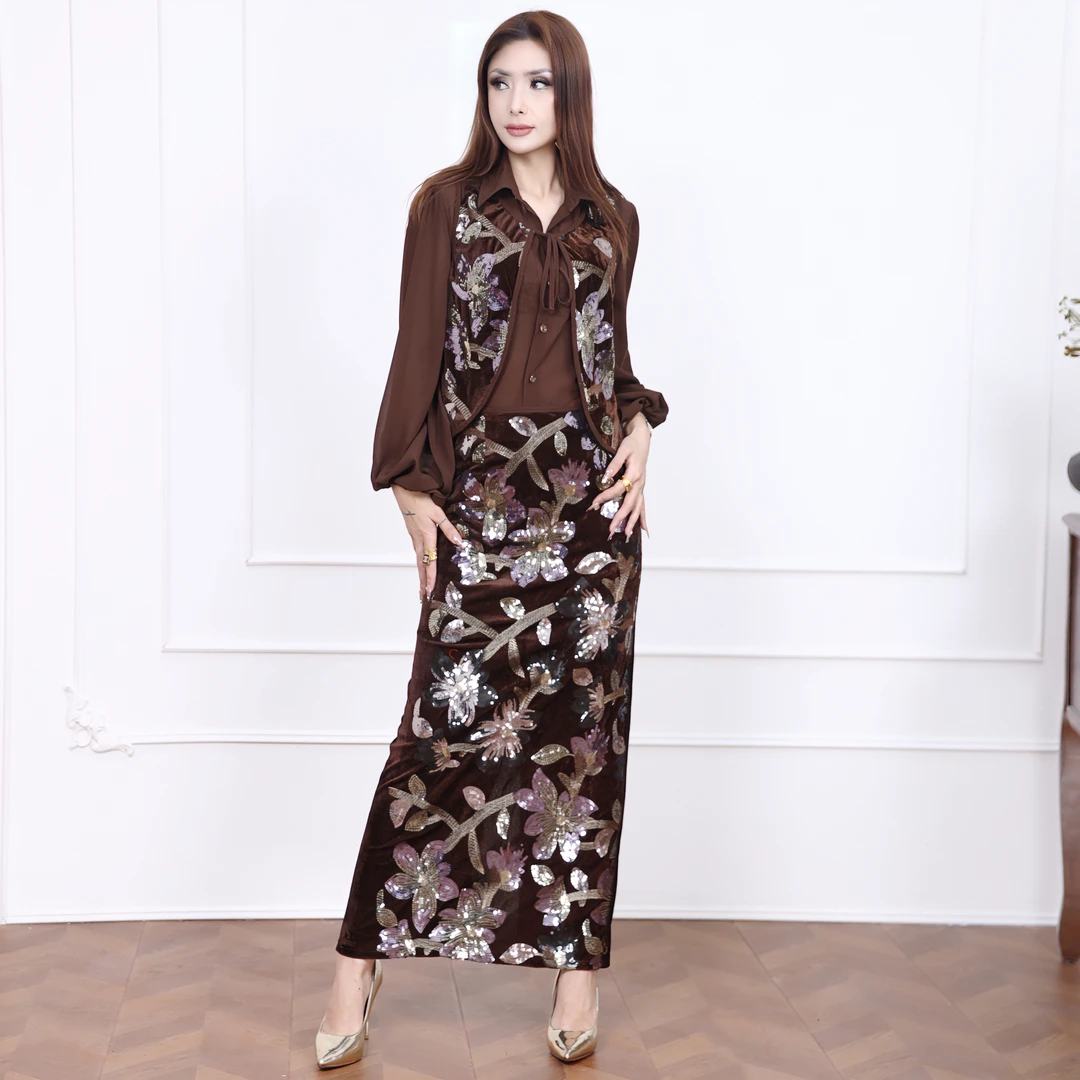 【小众设计新中式国风重工珠片刺绣丝绒高腰半裙三件套】DL$B*04