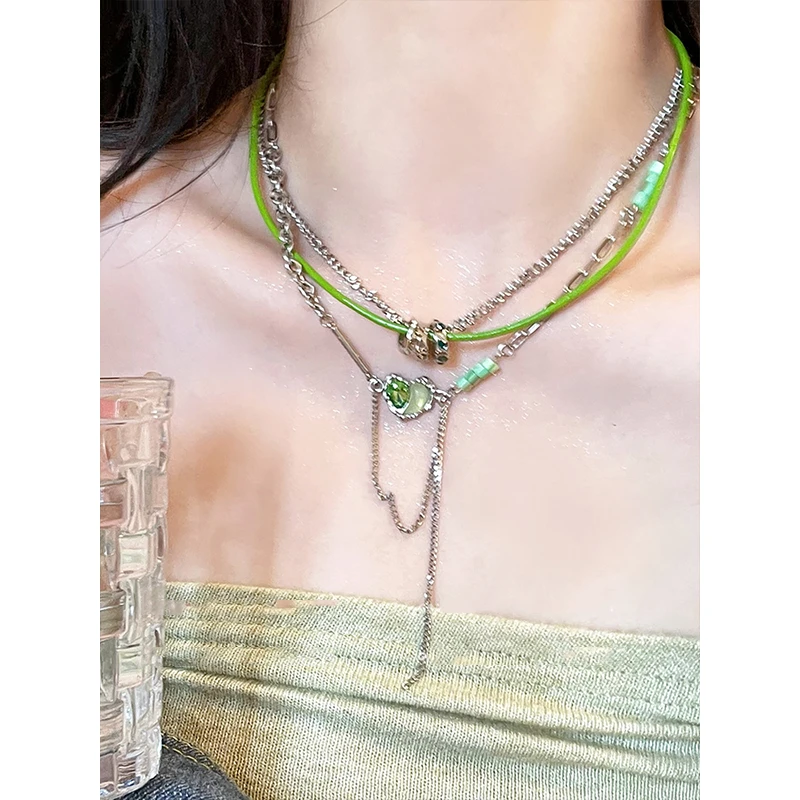 铜合金皮质项链 绿色双层小蛮腰项链2025新款小清新锁骨链女个性