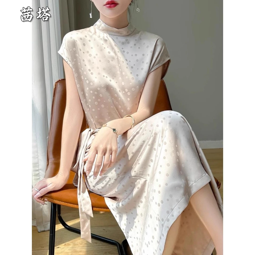 2025年时尚新款夏季半高领波点洋装女重磅面高端气质长版腰带裙子