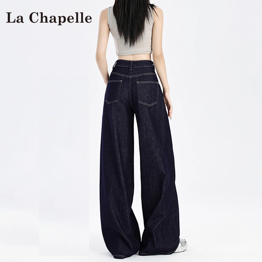 拉夏贝尔蓝色直筒牛仔裤女秋季2025新款高腰显瘦洋气弯刀阔腿裤子