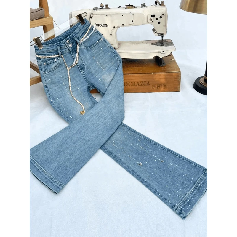 微喇牛仔裤满天星镶钻弹力显瘦喇叭裤春季