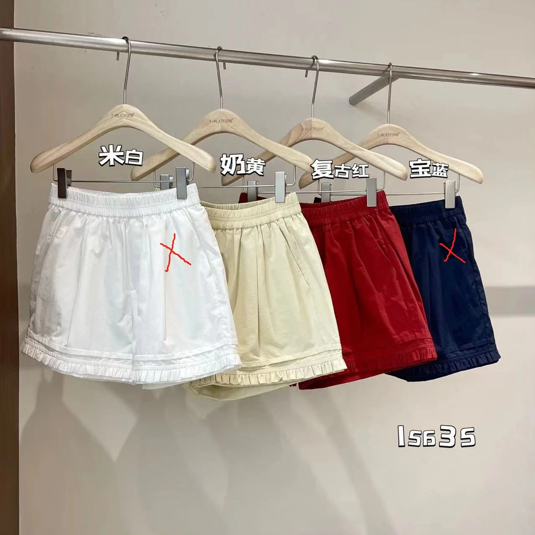 15635#T台#韩系高级感减龄木耳边全松紧腰休闲短裤(福利)