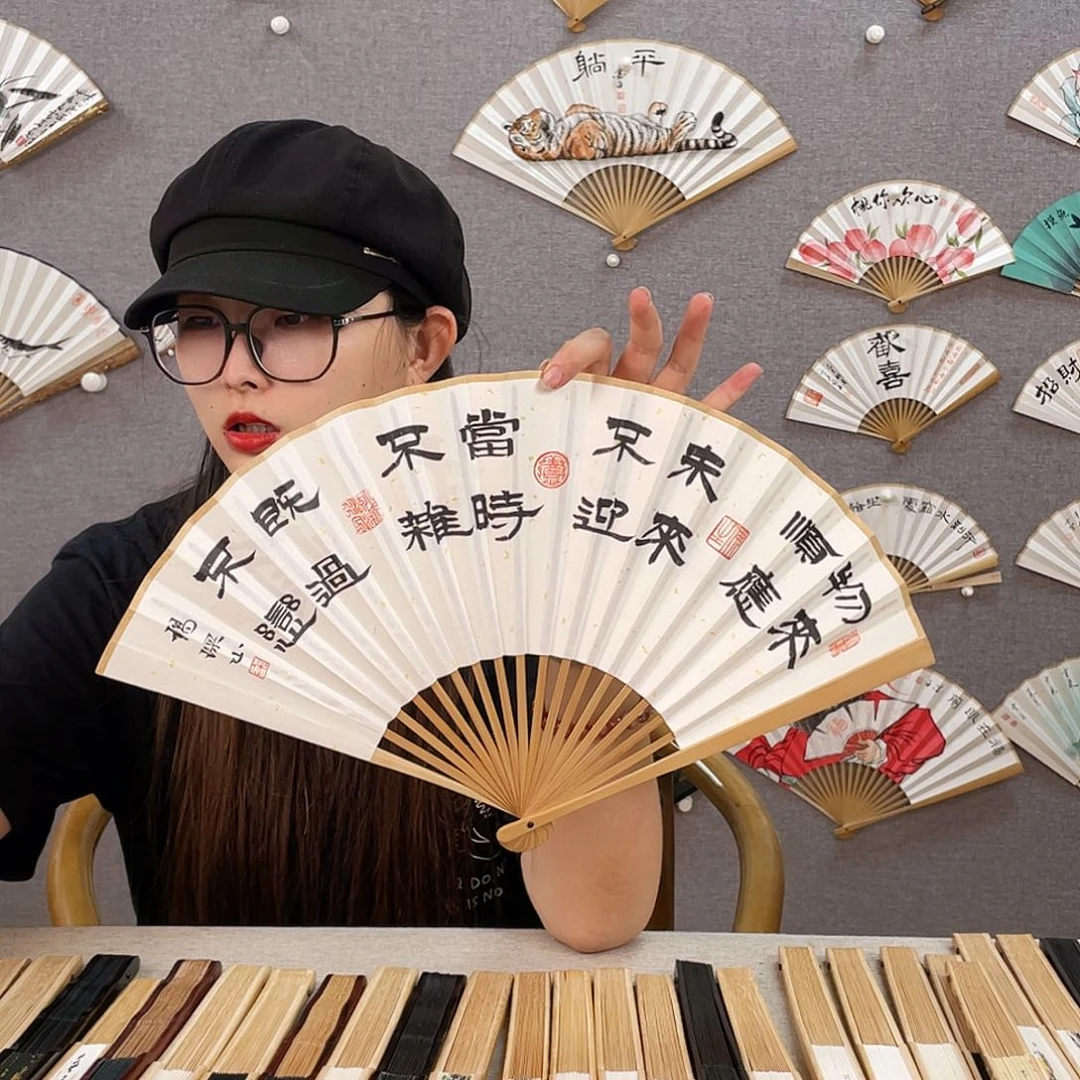 国画8寸玉竹-纯手绘-文玩扇骨（默认粘好）