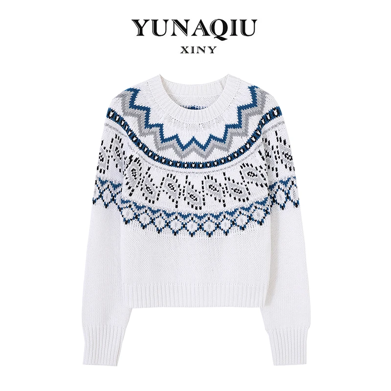 KUNGE-圆领轻奢视觉镂空感长袖毛衣女白色百搭羊毛针织衫-3094