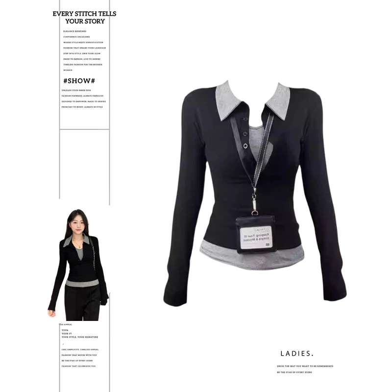 大码胖妹妹美式复古辣妹假两件撞色翻领长袖T恤女秋修身显瘦上衣