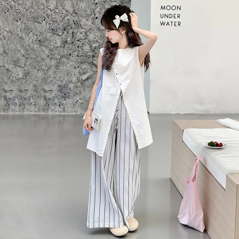 女童无袖套装夏季2025新款女大童韩系高级感背心叠穿阔腿裤两件套