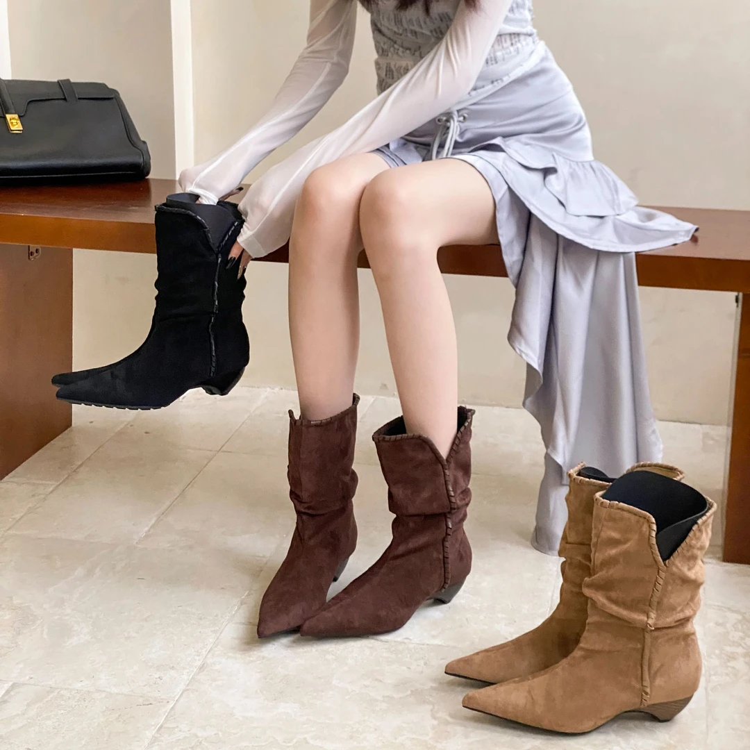 西部风~沙丘废土风编织短筒骑士靴女气质百搭尖头粗跟西部牛仔靴