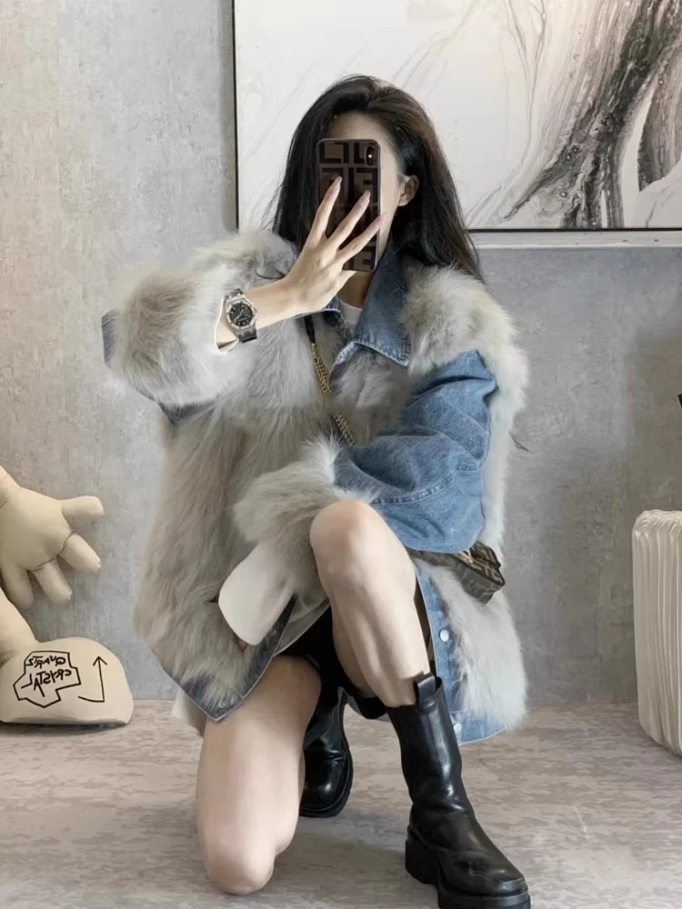人造皮草 仿狐狸毛牛仔拼接皮草外套女2025年新款时尚派克服夹克