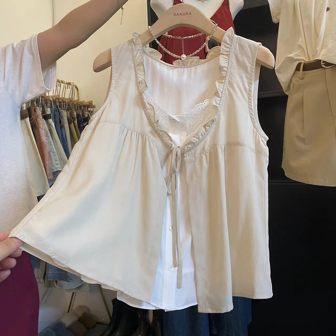 璎婲sᴀᴋᴜʀᴀ【洛伊甜度】星法式少女蕾丝花边假两件洋气减龄无袖背心