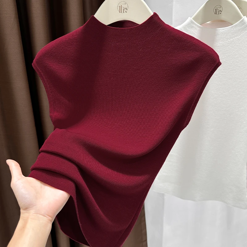 半高领红色显白短袖t恤女2025新款韩版飞飞袖修身高级感气质上衣