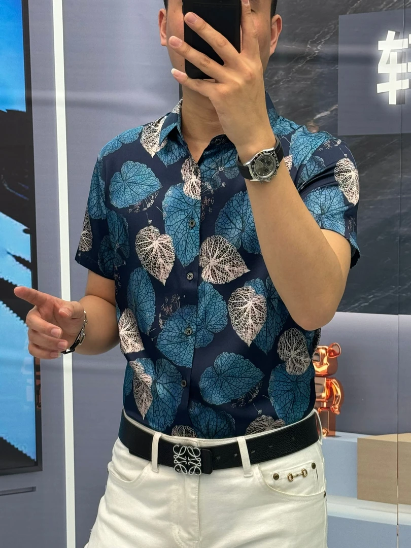 25夏季（轩诚）高含量桑蚕丝男士蓝色衬衣休闲奢华高品质短袖衬衫